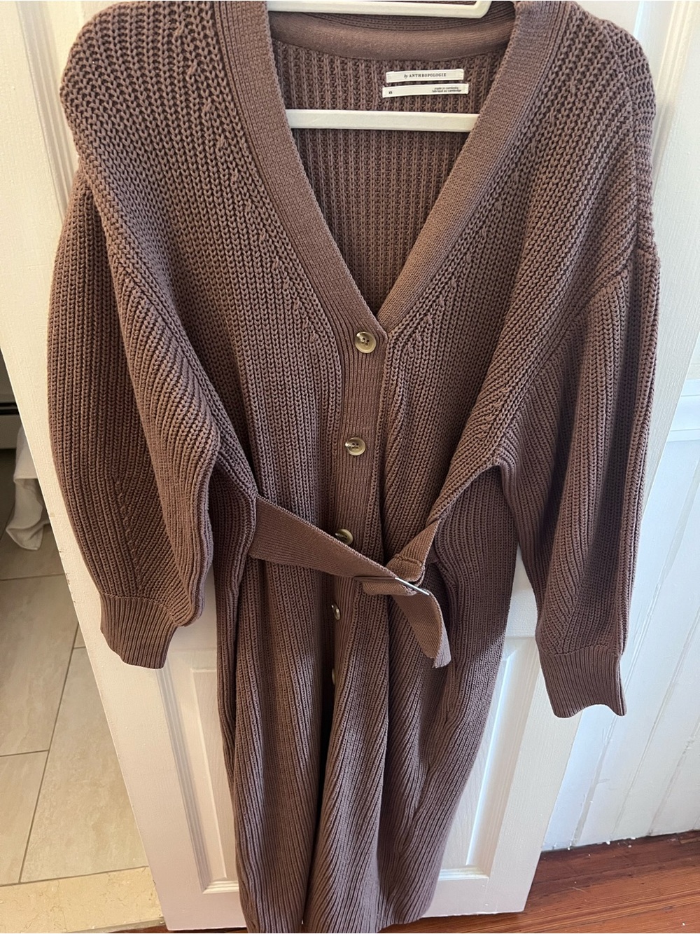 Anthropologie Taupe Ribbed Belted Long Cardigan